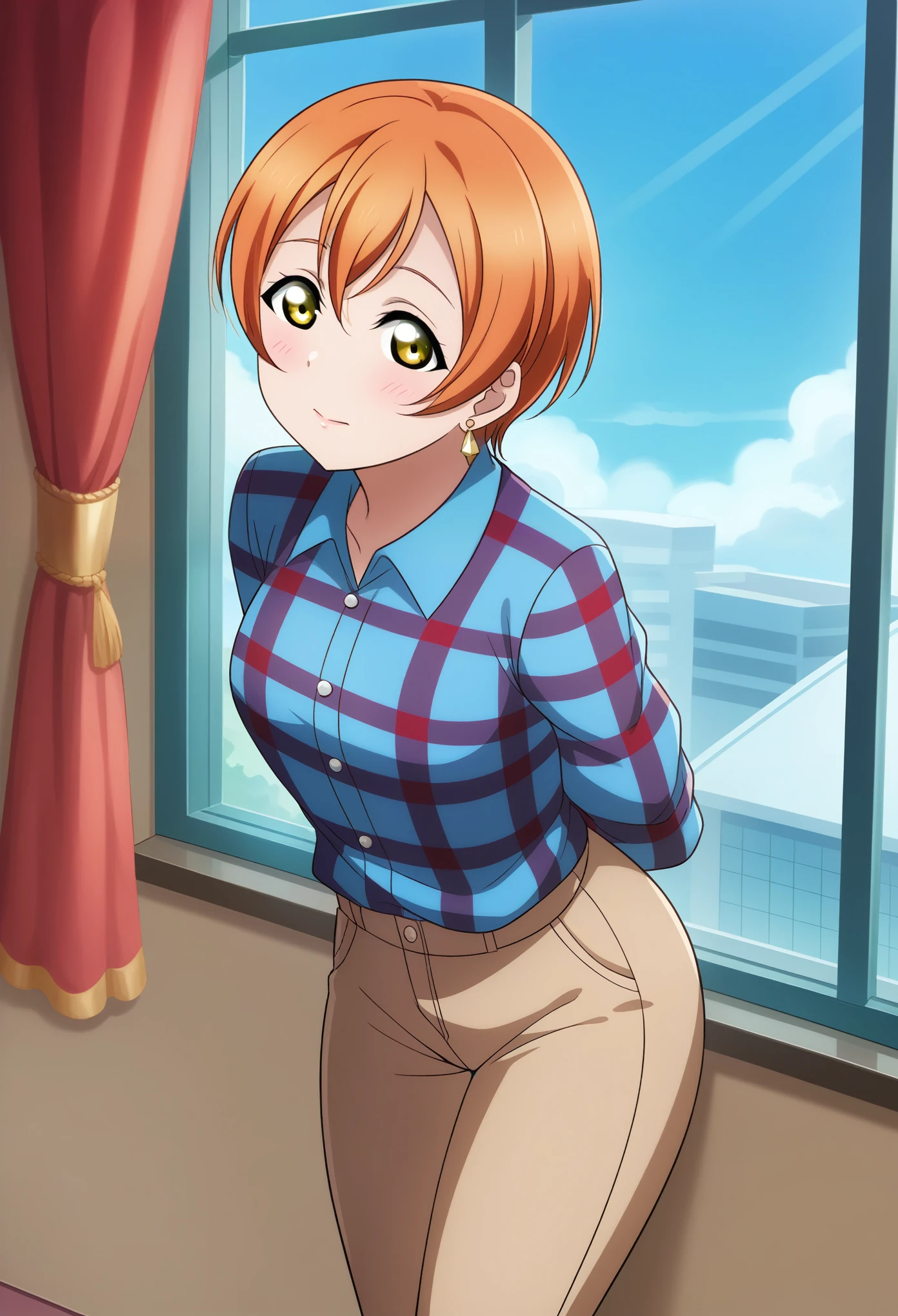 (Masterpiece, Best Quality, High Quality), Rin Hoshizora Love Live, orange hair, yellow eyes, cowboy shot, arms behind back,blush, earrings, sky, plaid shirt pants,(lipstick:0.7), medium breasts , shiny eyes ,solo, leaning forward on window,pov, from side 