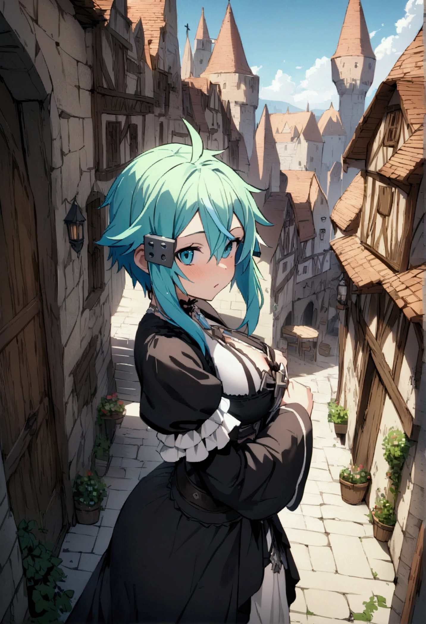 NSFW,masterpiece,Highest quality,High resolution,Very detailed,Sinon\(Sword Art Online\),(Gothic ta),Medieval Europe,castle town,Suspicious cityscape