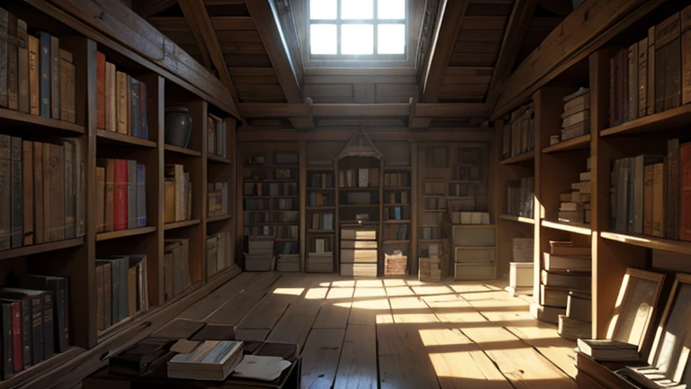 attic shrouded in mystery, filled with dusty boxes, cobwebs, books, forgotten antiques and the promise of hidden secrets.