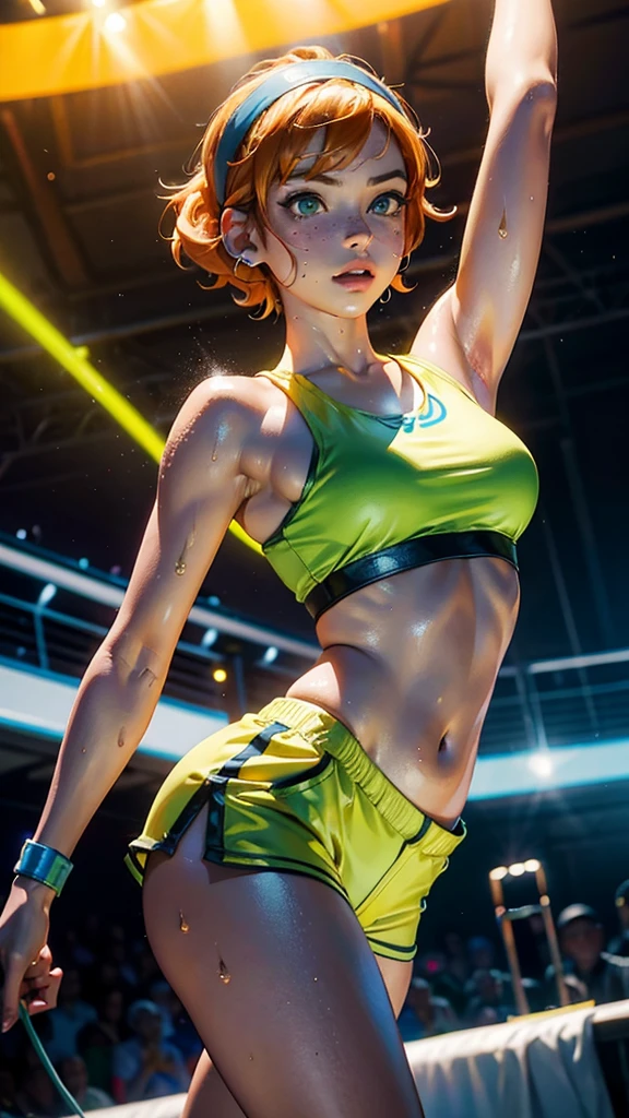 (dancing young girl, isabelmoner-smf, dora), ((((solo dancing))eurodance). dancing on lazer light (Hyper-realistic), Very short orange hair, Green eyes, freckles, white tanktop, Mini Shorts, Sport, sweaty, Average Breasts, earphones, aesthetics, (oil painting knife:0.75), (headband:0.75),(teal:0.2),(Orange:0.2), (by Jeremy Mann:0.5), (by John Constable:0.1),(by El Greco:0.5),(acrylic paint:0.75), 8K
