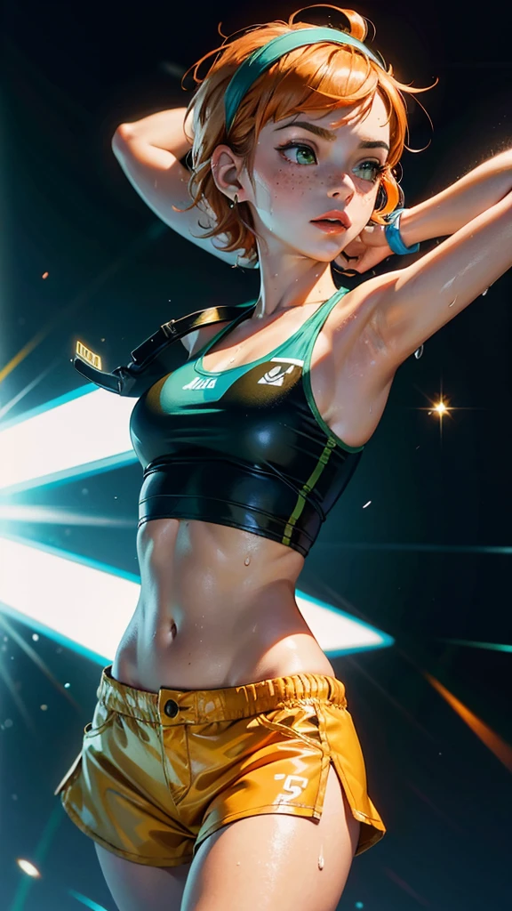 (dancing young girl, isabelmoner-smf, dora), ((((solo dancing))eurodance). dancing on lazer light (Hyper-realistic), Very short orange hair, Green eyes, freckles, white tanktop, Mini Shorts, Sport, sweaty, Average Breasts, earphones, aesthetics, (oil painting knife:0.75), (headband:0.75),(teal:0.2),(Orange:0.2), (by Jeremy Mann:0.5), (by John Constable:0.1),(by El Greco:0.5),(acrylic paint:0.75), 8K
