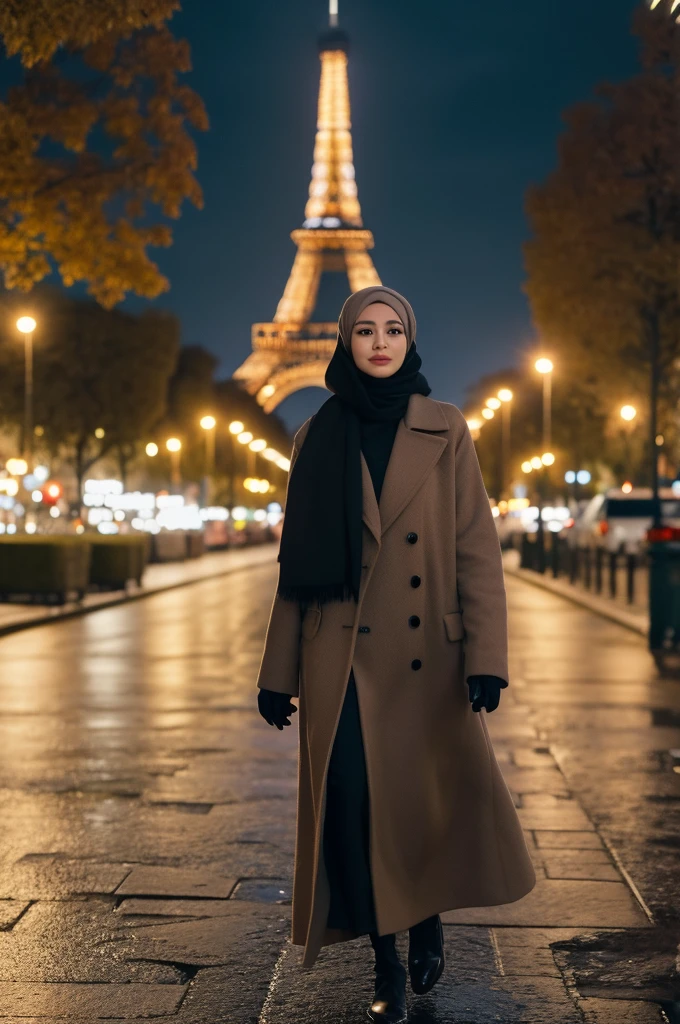 Create a cinematic shot of a gorgeous 26-year-old Indonesian woman walking in the middle of a park. She is dressed in elegant winter fashion, with a long hijab wrapped around her neck, covering all her hair. Her face is symmetrical and stunning, with natural makeup, and she exudes a sultry, flirty look. The scene is set at night with drizzling rain, wet streets, and lots of pedestrians strolling around. The Eiffel Tower stands majestically in the background, illuminated against the night sky.
Use a Medium Long Shot to capture her full-length appearance as she walks. The camera tracks her subject walking forwards, maintaining a steady view of her elegant winter attire and the surrounding park environment. The streets and the Eiffel Tower should be in sharp focus, showcasing the cinematic lighting and the realistic, detailed atmosphere of the scene. The resolution should be ultra HD and 4K to highlight every aspect of her attire and the environment.