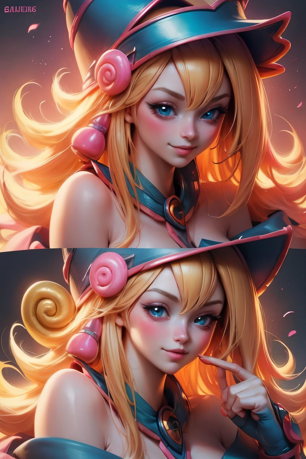 Beautiful face of dark wizard gils., blue eyes. pink lips. long blonde hair. Yellow hair. exposed shoulders, angelic smile, beautiful well detailed face of dark wizard gils. blowing a kiss. and winking. She is flirtatious with the viewer.