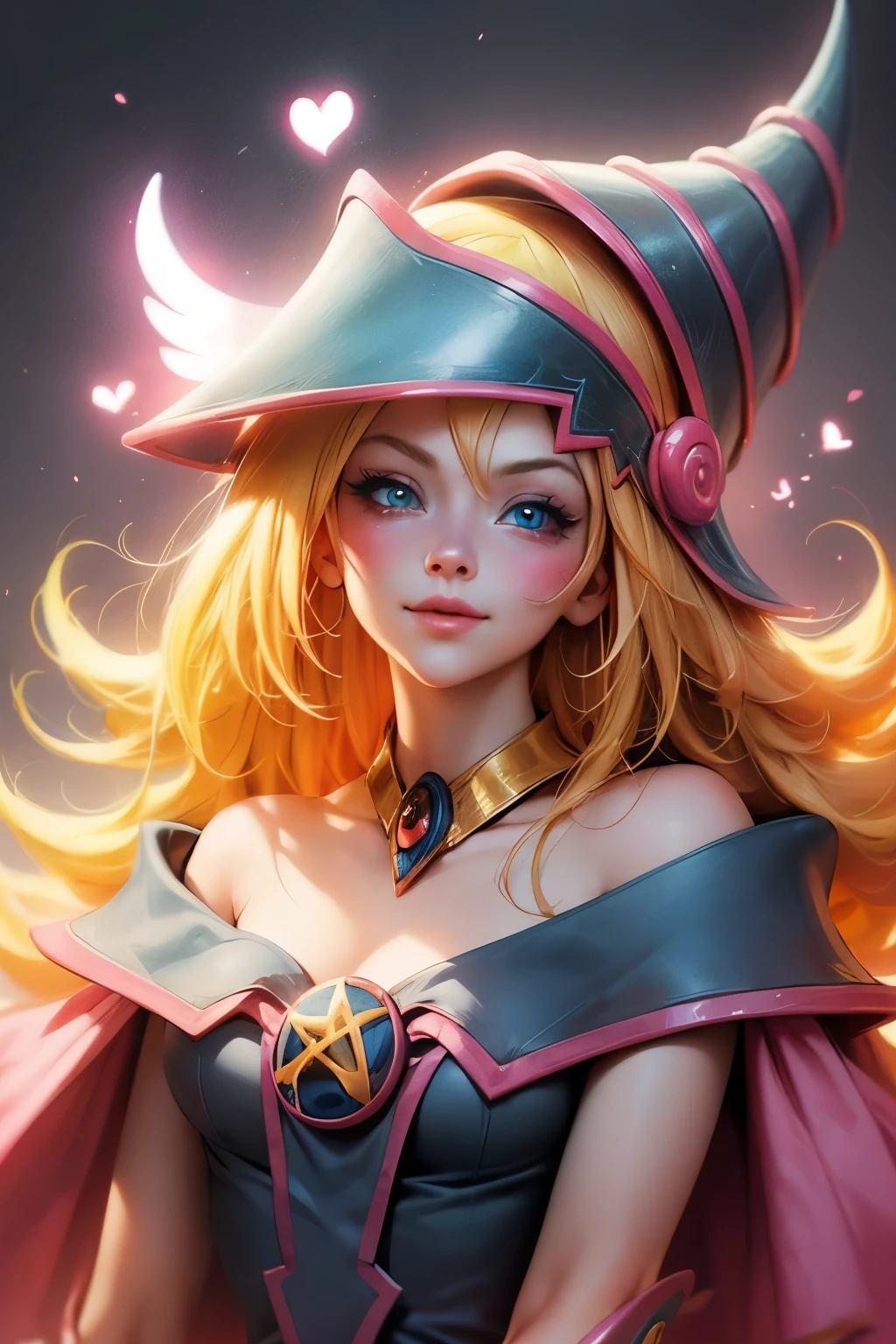 Beautiful face of dark wizard gils., blue eyes. pink lips. long blonde hair. Yellow hair. exposed shoulders, angelic smile, beautiful well detailed face of dark wizard gils. blowing a kiss. and winking. She is flirtatious with the viewer.