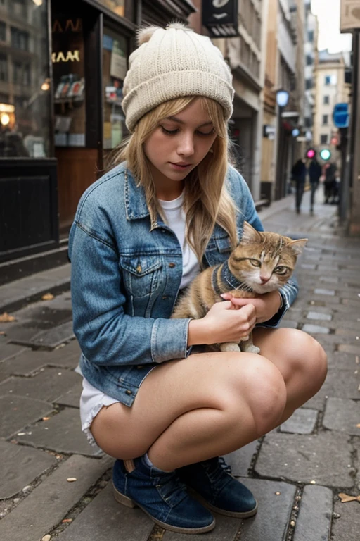 a girl in a denim jacket , blonde hair with a wool hat , She is crouched caressing a kitten sitting on the street while the girl caresses him