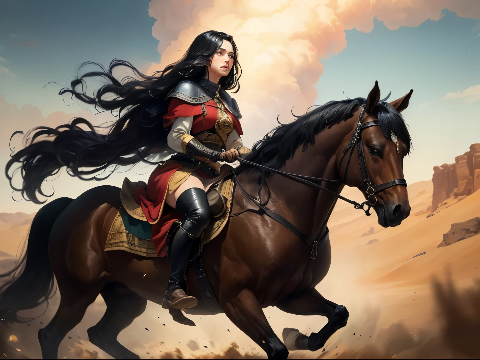 ((best quality)), ((masterpiece)), (detailed), A digital illustration of a young furious queen riding a horse in a desert storm, with people behind her pleading for her to stop. She has long black hair and is wearing a traditional war dress.