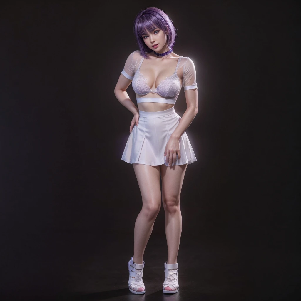 Ayane, Purple hair, (best quality, Ultra-detailed), (realistic:1.37), beautiful and detailed face, ultra-realistic texture, delicate face, delicate body, red lipstick, long-lasting colors. high definition, 8K.