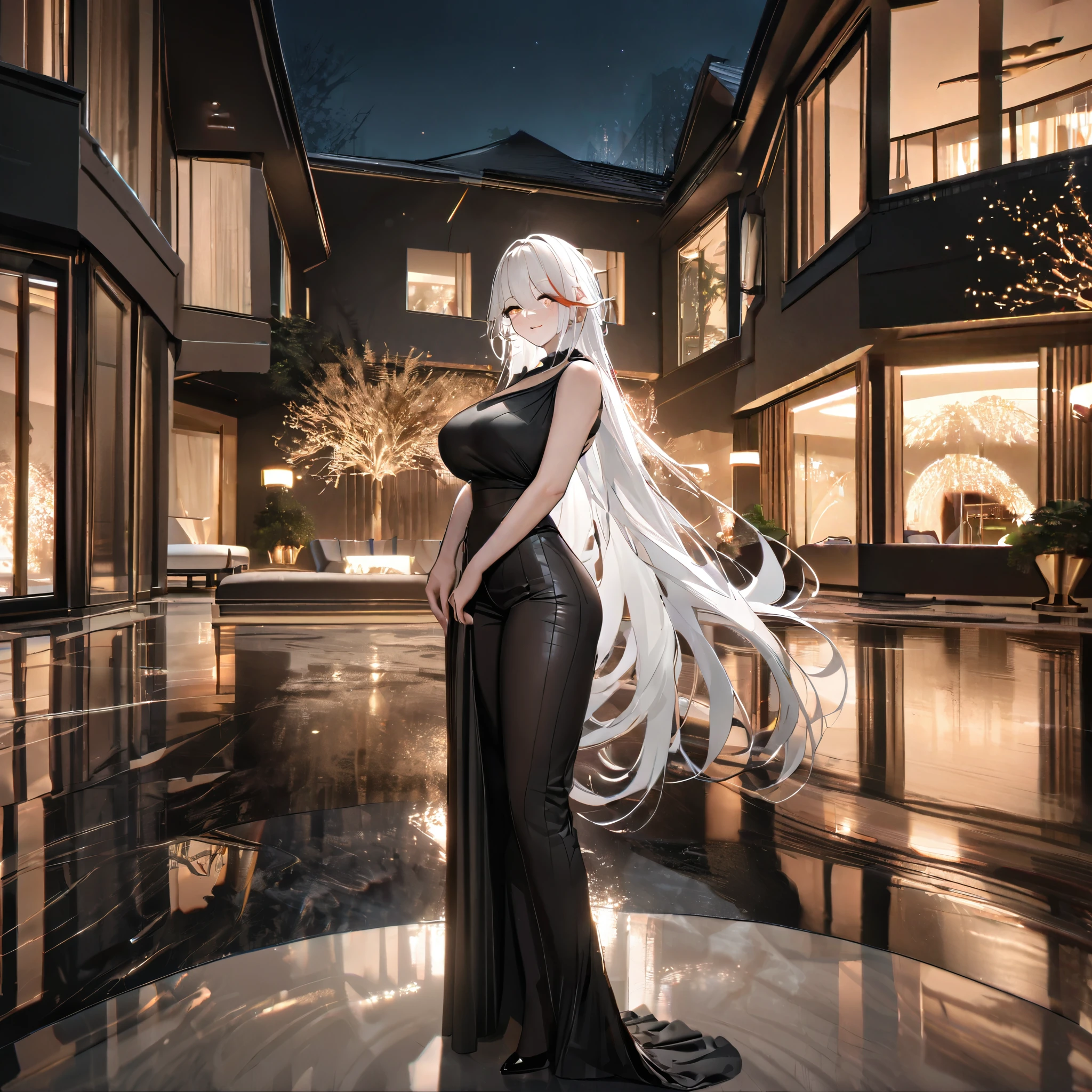 A woman wearing a black suit, white t-shirt, women's black pants, wearing a black top hat, big breasts, tie, white hair, long hair, red bangs, multi-colored hair, smiling, yellow eyes, black heels, mature woman, perfect lips, eyes perfect, standing upright, outside a luxury house, beige marble floor, overlooking a luxury garden, night place, illuminated place. KMS_Ägir, Azur_lane. .UHD, masterpiece, accurate, anatomically correct, textured skin, super detail, high quality, best quality, 8k, high resolution, bokeh effect.(solo woman)
