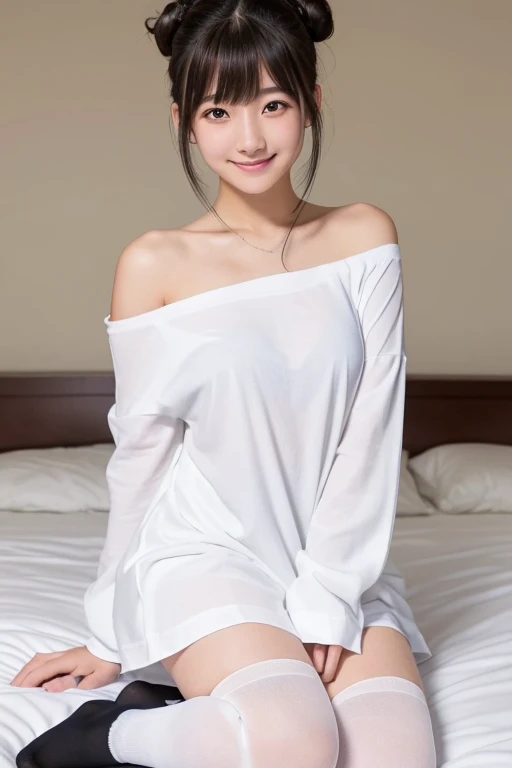 high quality, detailed,she is japanese gal,she has a mole under her eye,small breasts,(wearing long sleeve white oversized t-shirt dress,offshoulder,very very wet thin fabric shirt,),blunt bangs,((bun hair)),huge smile,on the bed,((wearing overknee socks)),slender,face up,