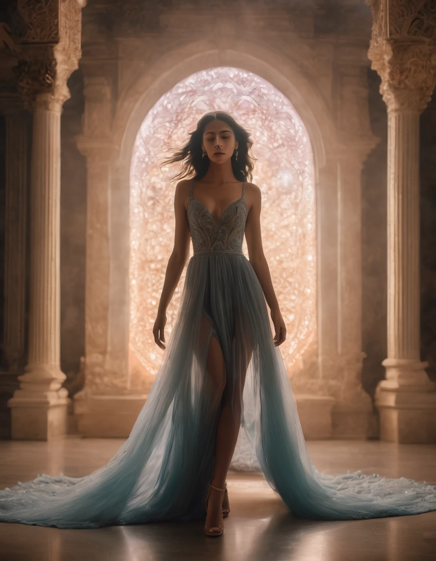 a photograph of a young woman, ethereal otherworldly beauty, dynamic pose, something that doesn't exist, celestial, depth of field, intricate details, muted color pallet, volumetric lighting