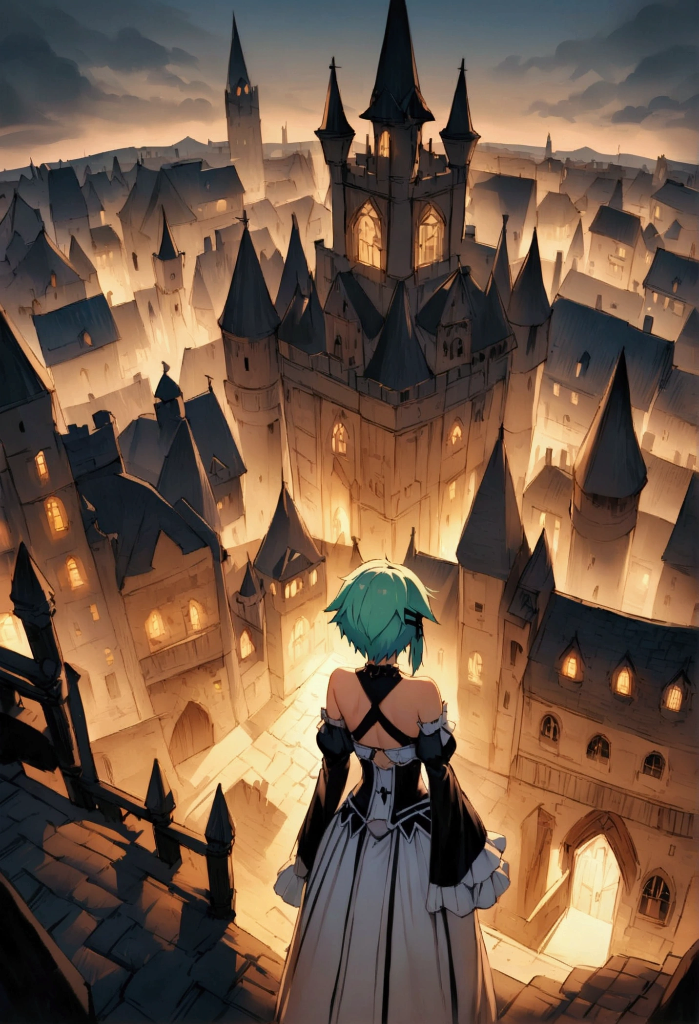 NSFW,masterpiece,Highest quality,High resolution,Very detailed,Sinon\(Sword Art Online\),(Gothic Lolita),Medieval Europe,castle town,Suspicious cityscape