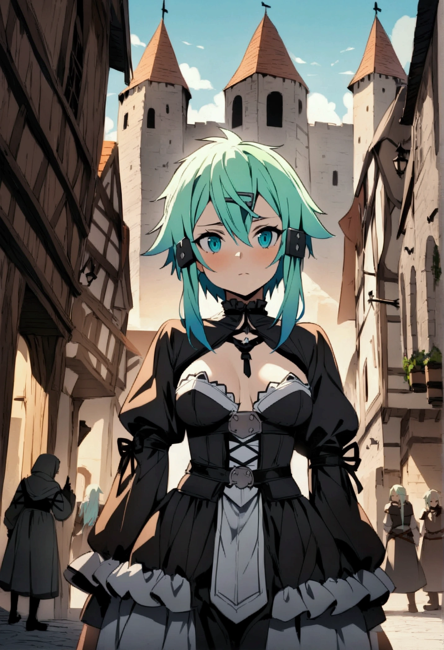 NSFW,masterpiece,Highest quality,High resolution,Very detailed,Sinon\(Sword Art Online\),(Gothic Lolita),Medieval Europe,castle town,Suspicious cityscape