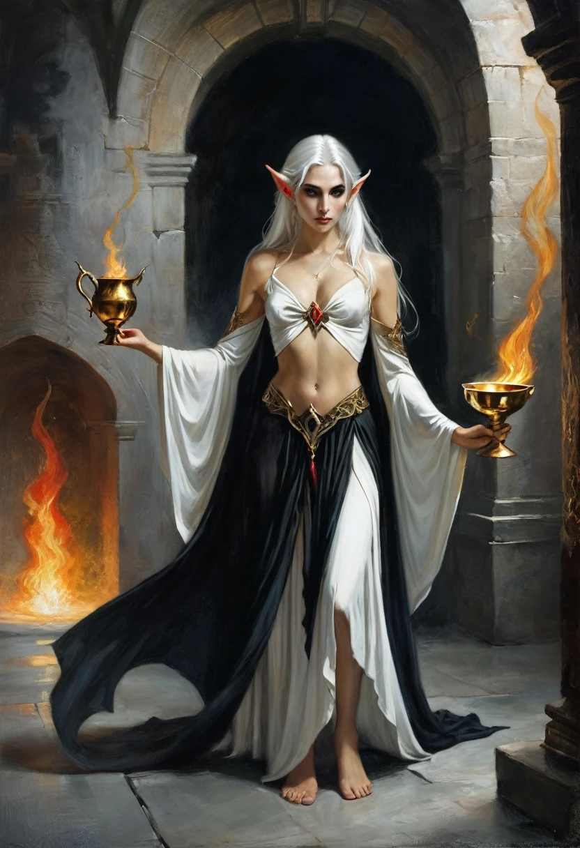 1 magician woman, expressive black eyes, elf ear, white hair, barely dressed with a black and red drape barefoot, ,ritual pose , a golden cup in one hand and using his fire magic in the other, full length portrait , mystical dungeon interior atmosphere in background, detail richness, masterpiece, best quality