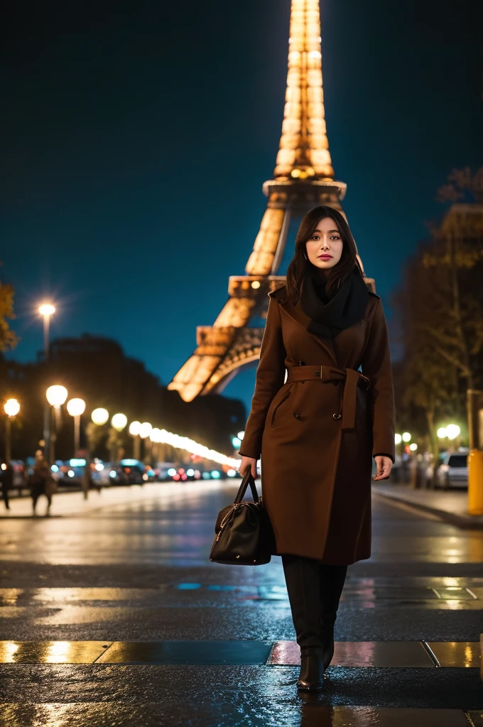 Create a cinematic shot of a gorgeous 26-year-old Indonesian woman walking in the middle of a park. She is dressed in elegant brown winter fashion, with a long black hijab wrapped around her neck, covering all her hair. Her face is symmetrical and stunning, with natural makeup, and she exudes a sultry, flirty look. The scene is set at night with drizzling rain, wet streets, and lots of pedestrians strolling around. The Eiffel Tower stands majestically in the background, illuminated against the night sky.

Use a Medium Long Shot to capture her full-length appearance as she walks. The camera tracks her subject walking forwards, maintaining a steady view of her elegant winter attire and the surrounding park environment. The streets and the Eiffel Tower should be in sharp focus, showcasing the cinematic lighting and the realistic, detailed atmosphere of the scene. The resolution should be ultra HD and 4K to highlight every aspect of her attire and the environment.