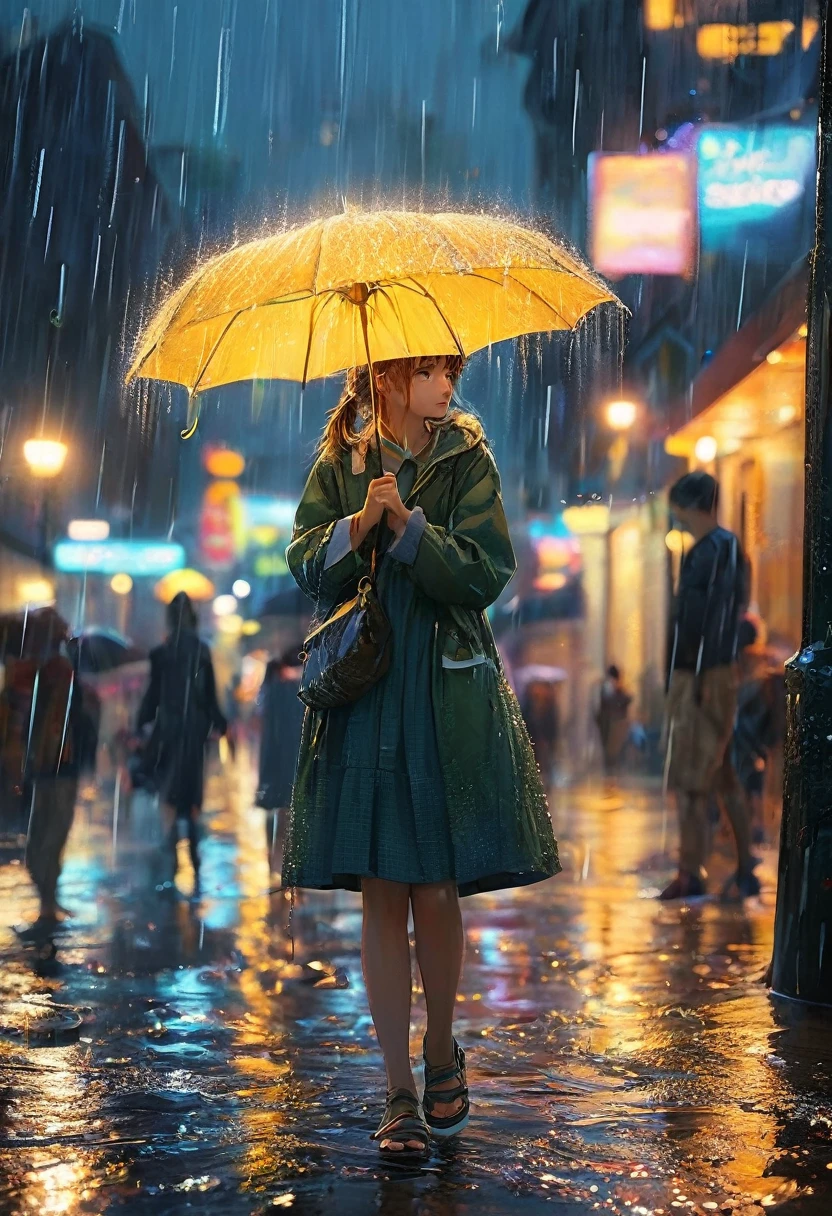 I am the rain that refreshes everything it touches and gives life ,I have seen many parts of the world and touched many beautiful things that are very small and I have seen them grow. This is the message I send to you to take care of them, but because of their size they do not stop being important. , very real style with a magical background and a spectacular rain touching the smallest beings , 24k unique piece piece of art beautiful colors spectacular details use the rules of composition use the cinema lights