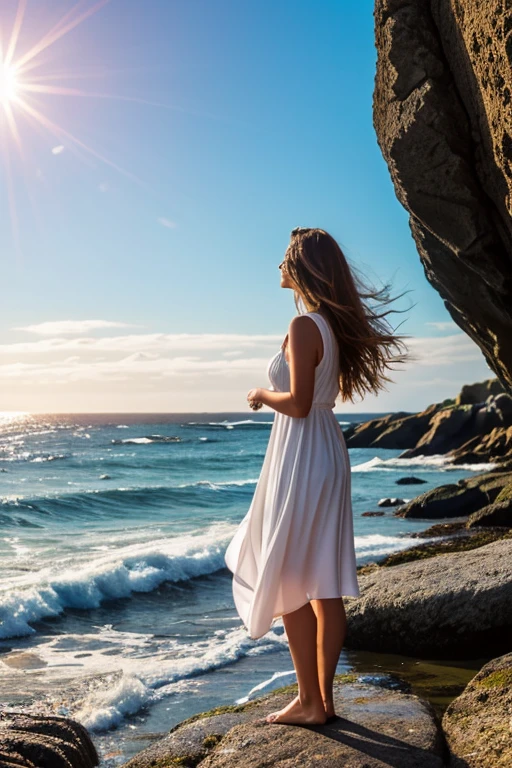 Create a realistic image of a French woman standing on a rocky beach in Brittany. She has long, wavy light brown hair blowing gently in the sea breeze and is wearing a light, flowing summer dress. The ocean waves are crashing in the background, and the sky is a mix of soft blues and whites, indicating a clear day. The woman gazes thoughtfully at the horizon, embodying a sense of peace and connection with nature.