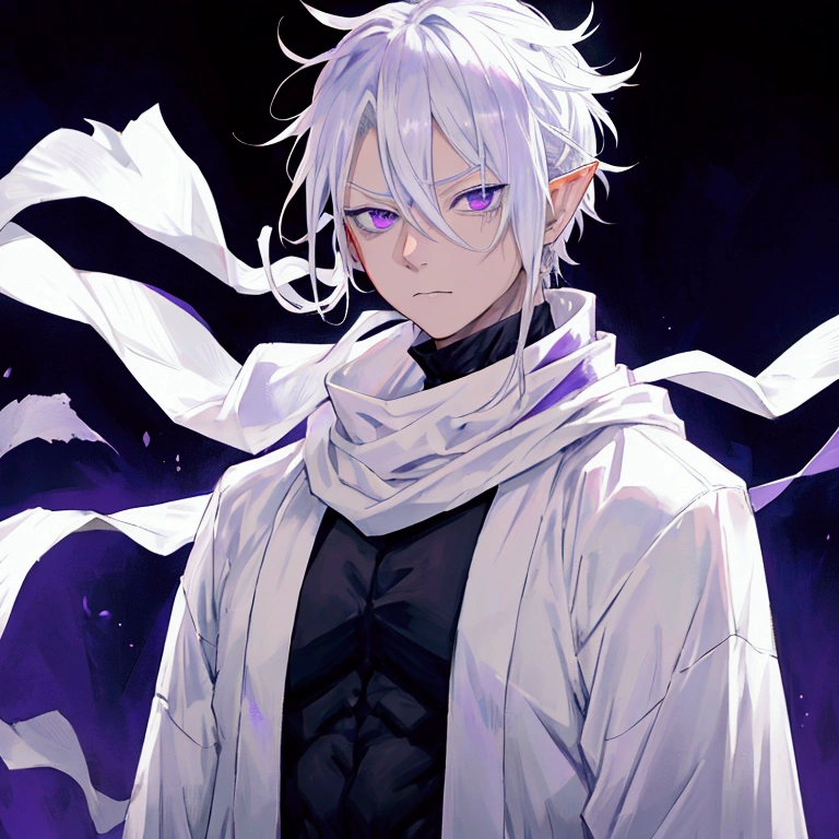 estilo Jujutsu Kaisen: A man with silver hair that reaches his shoulders, with purple eyes and elf ears, he wears a white scarf and white clothes