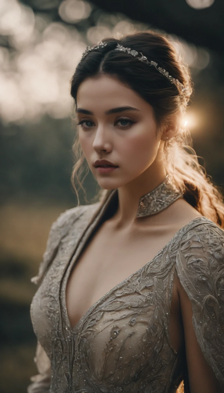 a photograph of a young woman, ethereal otherworldly beauty, dynamic pose, something that doesn't exist, celestial, depth of field, intricate details, muted color pallet, volumetric lighting