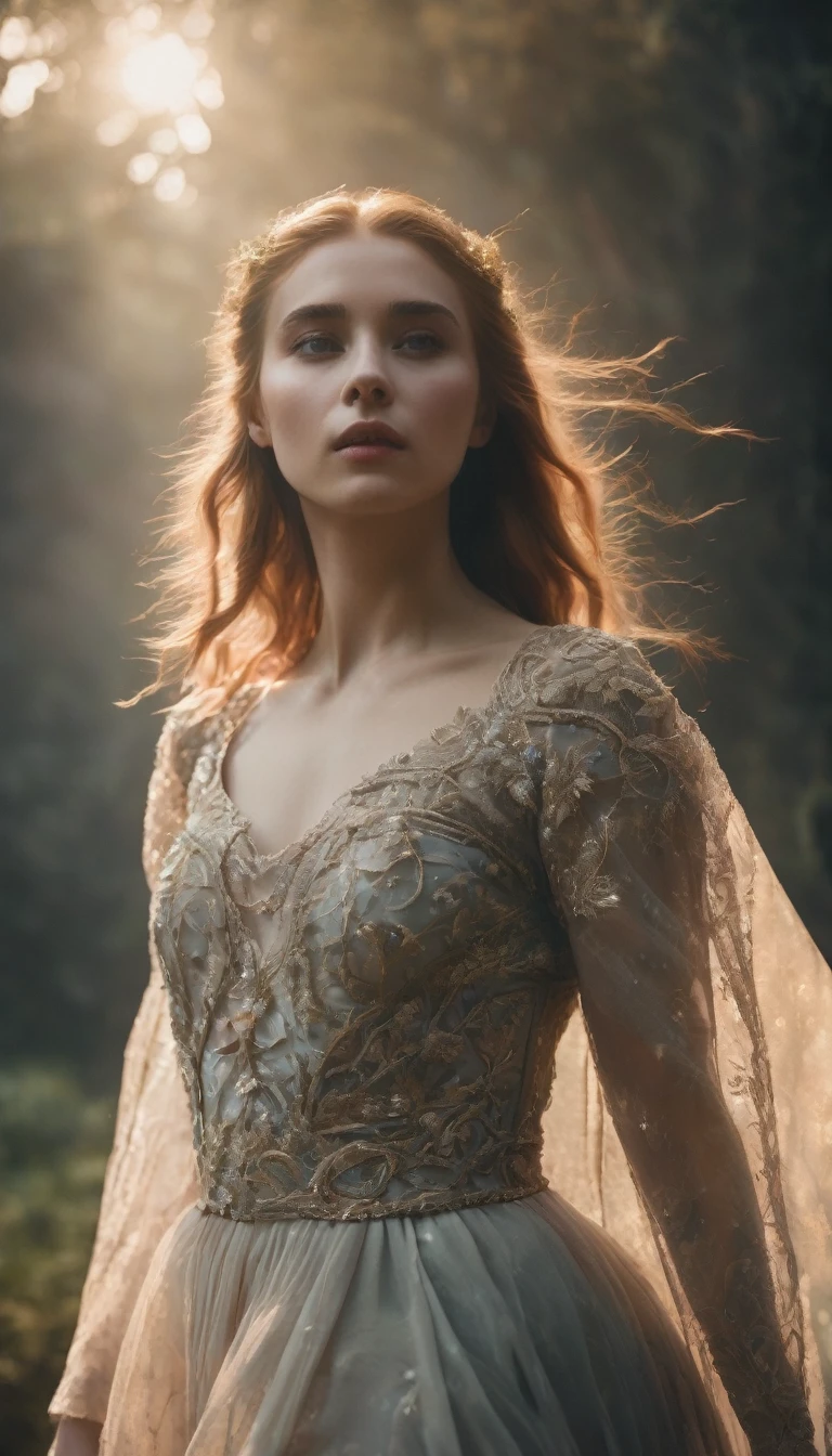 a photograph of a young woman, ethereal otherworldly beauty, dynamic pose, something that doesn't exist, celestial, depth of field, intricate details, muted color pallet, volumetric lighting