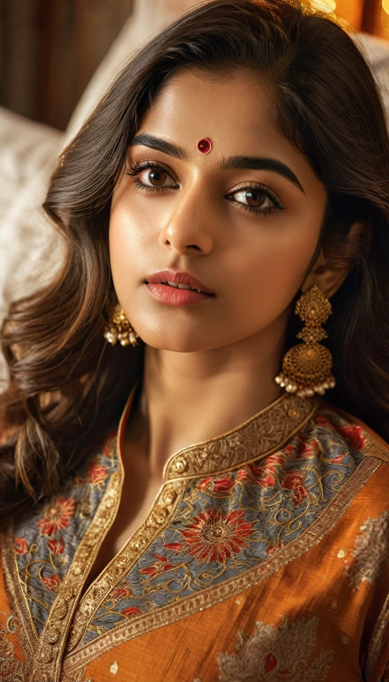 1 girl, beautiful Indian girl, wearing traditional Indian kurti, laying on bed, soft bed, detailed face, beautiful eyes, long eyelashes, detailed lips, detailed skin, intricate kurti pattern, floral kurti, natural lighting, warm color tones, cinematic lighting, golden hour lighting, high quality, 8k, photorealistic, hyper detailed, masterpiece, digital art
