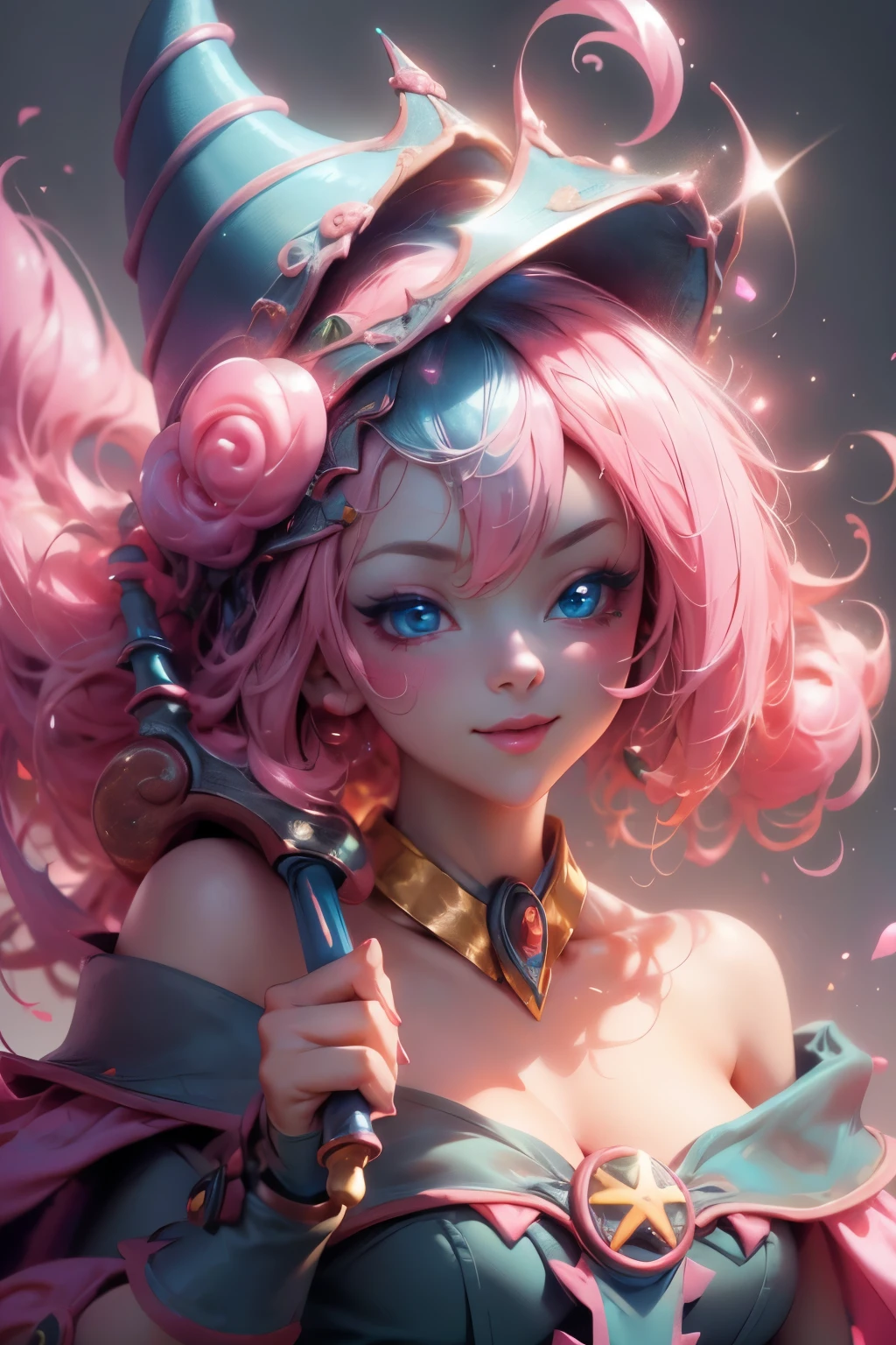 Beautiful face of dark wizard gils., blue eyes. pink lips. bright yellow hair. exposed shoulders, angelic smile, beautiful well detailed face of dark wizard gils. blowing a kiss. and winking. She is flirtatious with the viewer. Throw a kiss.