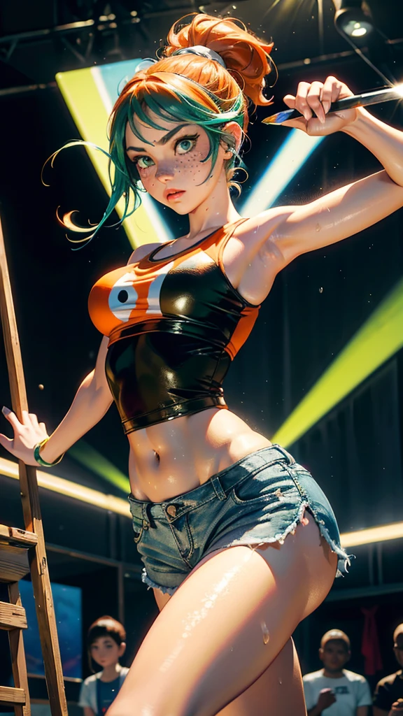 (dancing young girl, isabelmoner-smf, dora), ((((solo dancing))eurodance). dancing on lazer light (Hyper-realistic), Very short orange hair, Green eyes, freckles, white tanktop, Mini Shorts, Sport, sweaty, Average Breasts, earphones, aesthetics, ((oil painting knife)), (headband:0.75),(teal:0.2),(Orange:0.2), (by Jeremy Mann:0.5), (by John Constable:0.1),(by El Greco:0.5),(acrylic paint:0.75), 8K