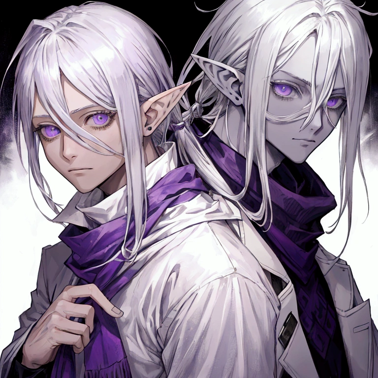 Estilo chainsaw man: A man with silver hair that reaches his shoulders, with purple eyes and elf ears, he wears a white scarf and white clothes