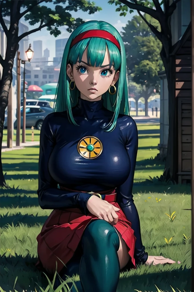 (masterpiece:1.2),( high quality:1.1),
bulla,kubrick stare, long hair, straight hair,bangs, aqua hair, blue eyes, mascara, long lashes, hairband, red hairband, earrings, turtleneck top, long sleeves, skirt, city park, trees, grass, sunshine, blurry background,(looking at viewer, sitting:1.1),, huge breast,large breast,(ambient lighting:1.1),
