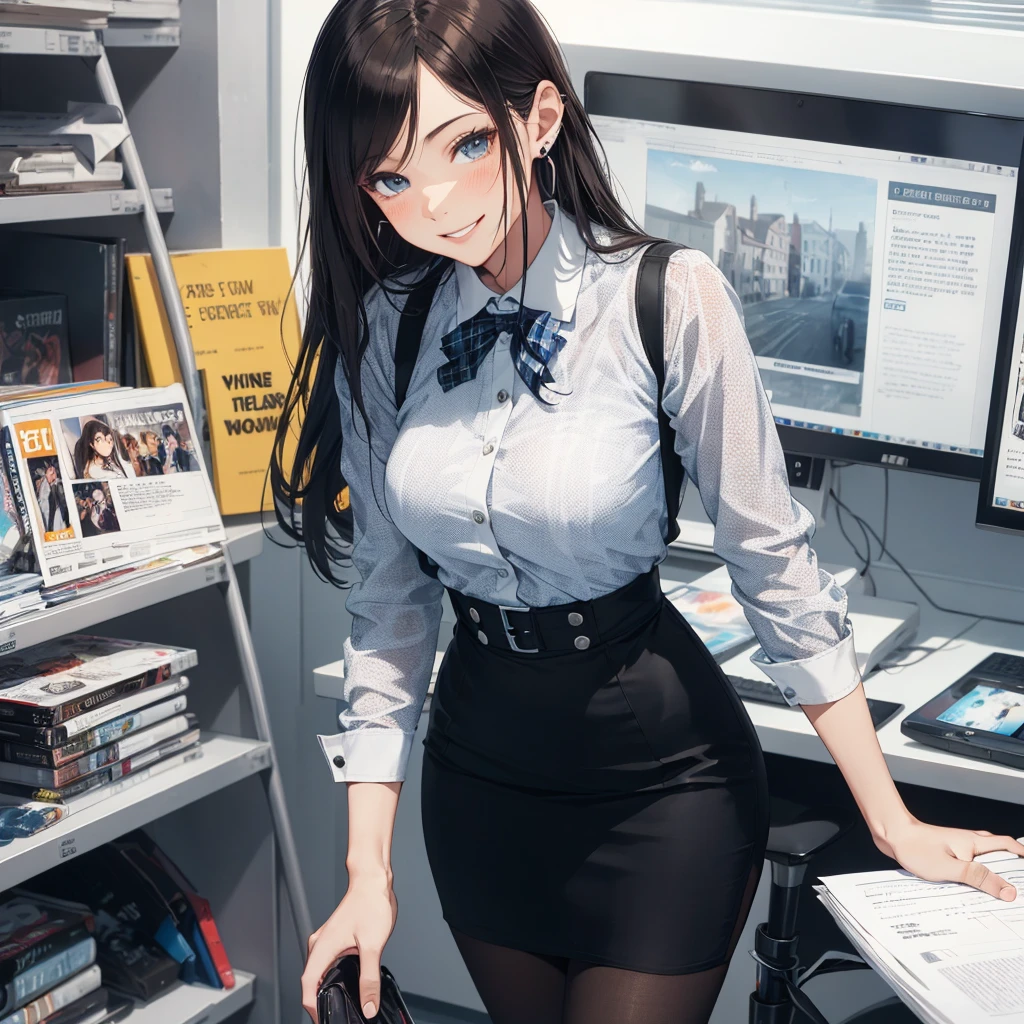 (Best Quality, Masterpiece),Wearing a pink plaid vest, White short sleeved shirt, Gray pencil skirt, Wear stiletto heels, Necklace, earrings, Cute face, Smile, Blushing, Shyness, Glass wall, Ultra Detail, Realistic, Front view, Whole body, stunning, cute, warm smile, hourglass figure, apron, text, chart, advertising, magazine title(Best Quality, Masterpiece), Mag((((1ladyl,)))) (masterpiece), (realistic), (best quality), (ultra-detailed), (wearing in [[white and gray check pattern]] Vest worn over white collared long-sleeved shirt:1.4), (gray vest with buttons:1.2), (Pink Theme:1.2), (blue ribbon ribbon:1.3), (Black theme:1.4), (Tight black pencil skirt:1.5), ((Brown pantyhose)), (high-heels:1.1),longskirt,office desk, office chair,Lulubre Unity 8K Wallpaper, pantyshot, long brown hair, office lady Magazine Cover, 1girl,  amazing, girl, 30 years old, house wiife, warm smile, hourglass figure, text, chart, advertising, magazine title