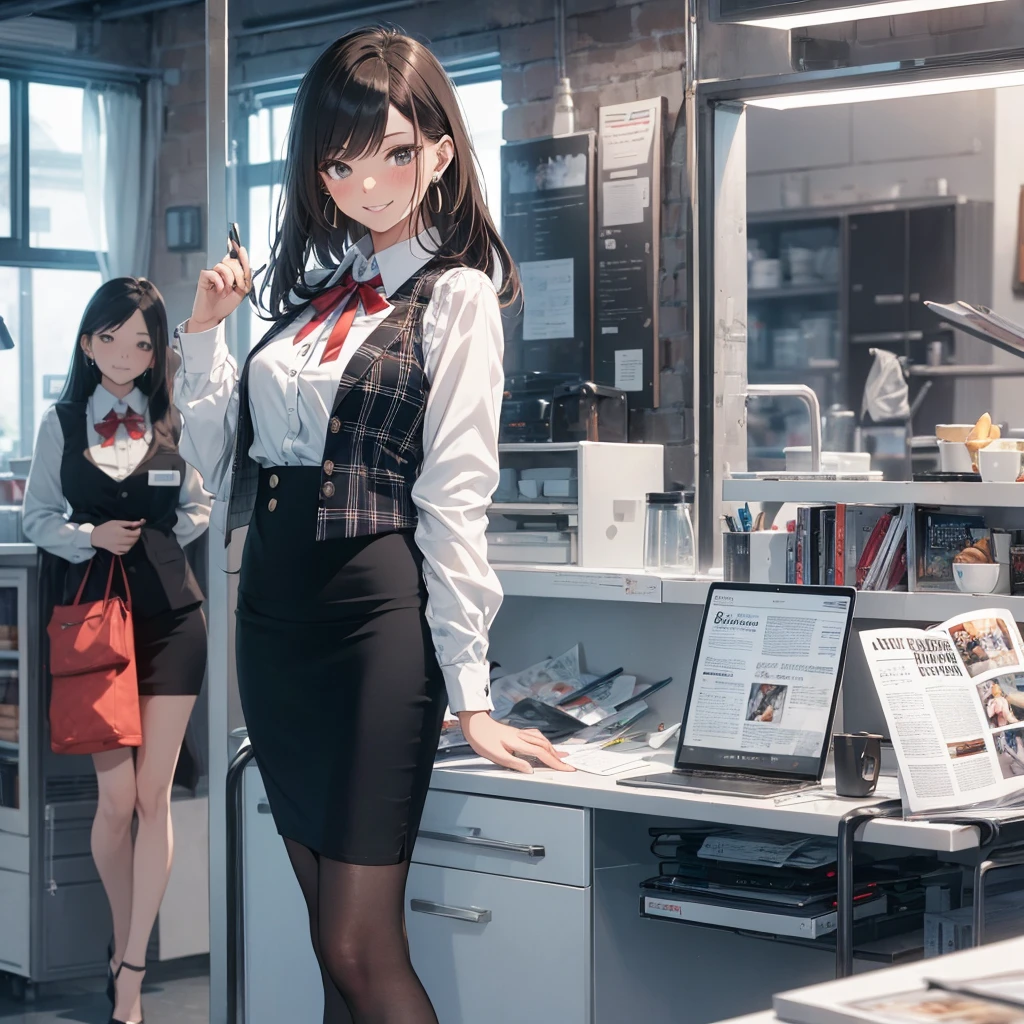 (Best Quality, Masterpiece),Wearing a pink plaid vest, White short sleeved shirt, Gray pencil skirt, Wear stiletto heels, Necklace, earrings, Cute face, Smile, Blushing, Shyness, Glass wall, Ultra Detail, Realistic, Front view, Whole body, stunning, cute, warm smile, hourglass figure, apron, text, chart, advertising, magazine title(Best Quality, Masterpiece), Mag((((1ladyl,)))) (masterpiece), (realistic), (best quality), (ultra-detailed), (wearing in [[white and gray check pattern]] Vest worn over white collared long-sleeved shirt:1.4), (gray vest with buttons:1.2), (Pink Theme:1.2), (blue ribbon ribbon:1.3), (Black theme:1.4), (Tight black pencil skirt:1.5), ((Brown pantyhose)), (high-heels:1.1),longskirt,office desk, office chair,Lulubre Unity 8K Wallpaper, pantyshot, long brown hair, office lady Magazine Cover, 1girl,  amazing, girl, 30 years old, house wiife, warm smile, hourglass figure, text, chart, advertising, magazine title