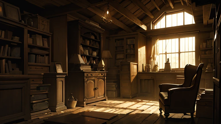 a dusty attic full of mysterious forgotten antiques, cobwebs, old books, messy boxes, high quality, detailed, photorealistic, dramatic lighting, dark mood, moody atmosphere, warm color tones, cinematic