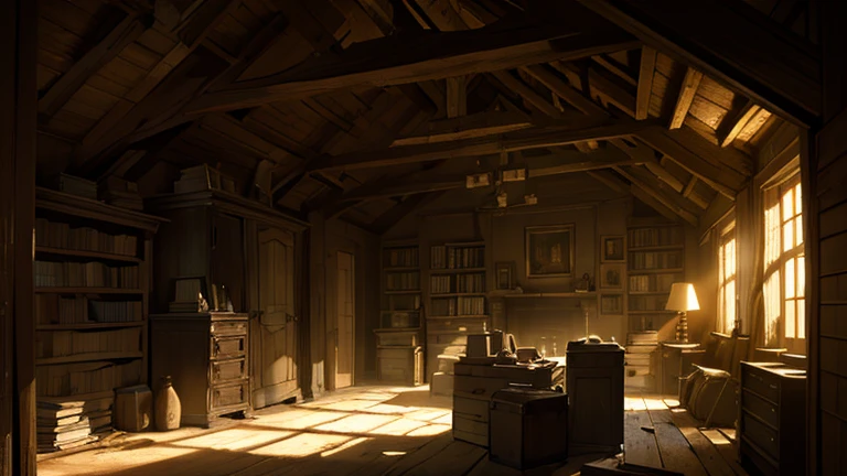 a dusty attic full of mysterious forgotten antiques, cobwebs, old books, messy boxes, high quality, detailed, photorealistic, dramatic lighting, dark mood, moody atmosphere, warm color tones, cinematic