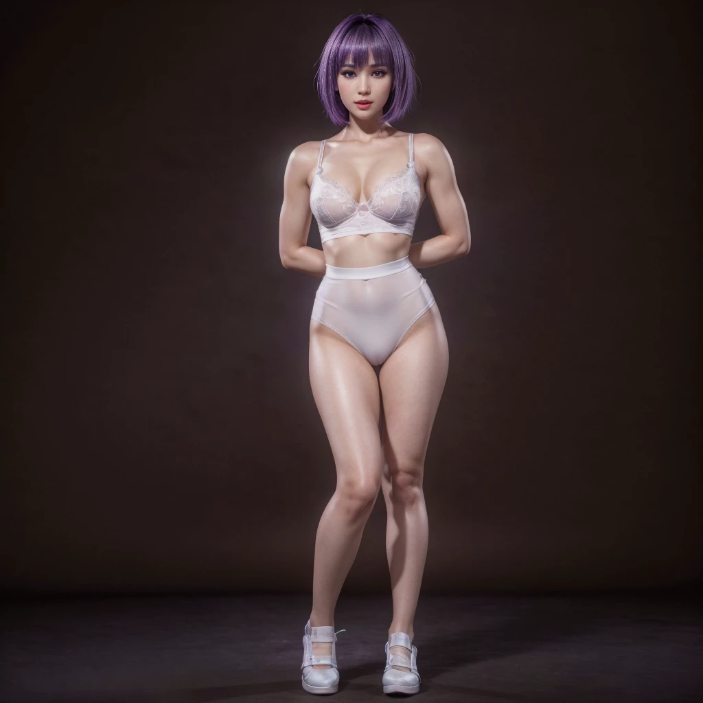 Ayane, Purple hair, (best quality, Ultra-detailed), (realistic:1.37), beautiful and detailed face, ultra-realistic texture, delicate face, delicate body, red lipstick, long-lasting colors. high definition, 8K.