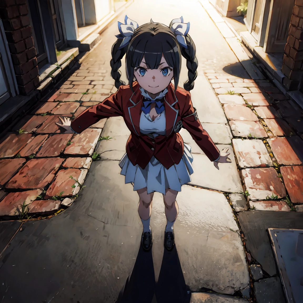 masterpiece, best quality, highres, ponytail hair, (single braid:1.2), hair ribbon, red jacket,buttoned blazer, blue bowtie, long sleeves, white skirt, standing ,t-pose,smile ,closed mouse face, from above,full body, at park
