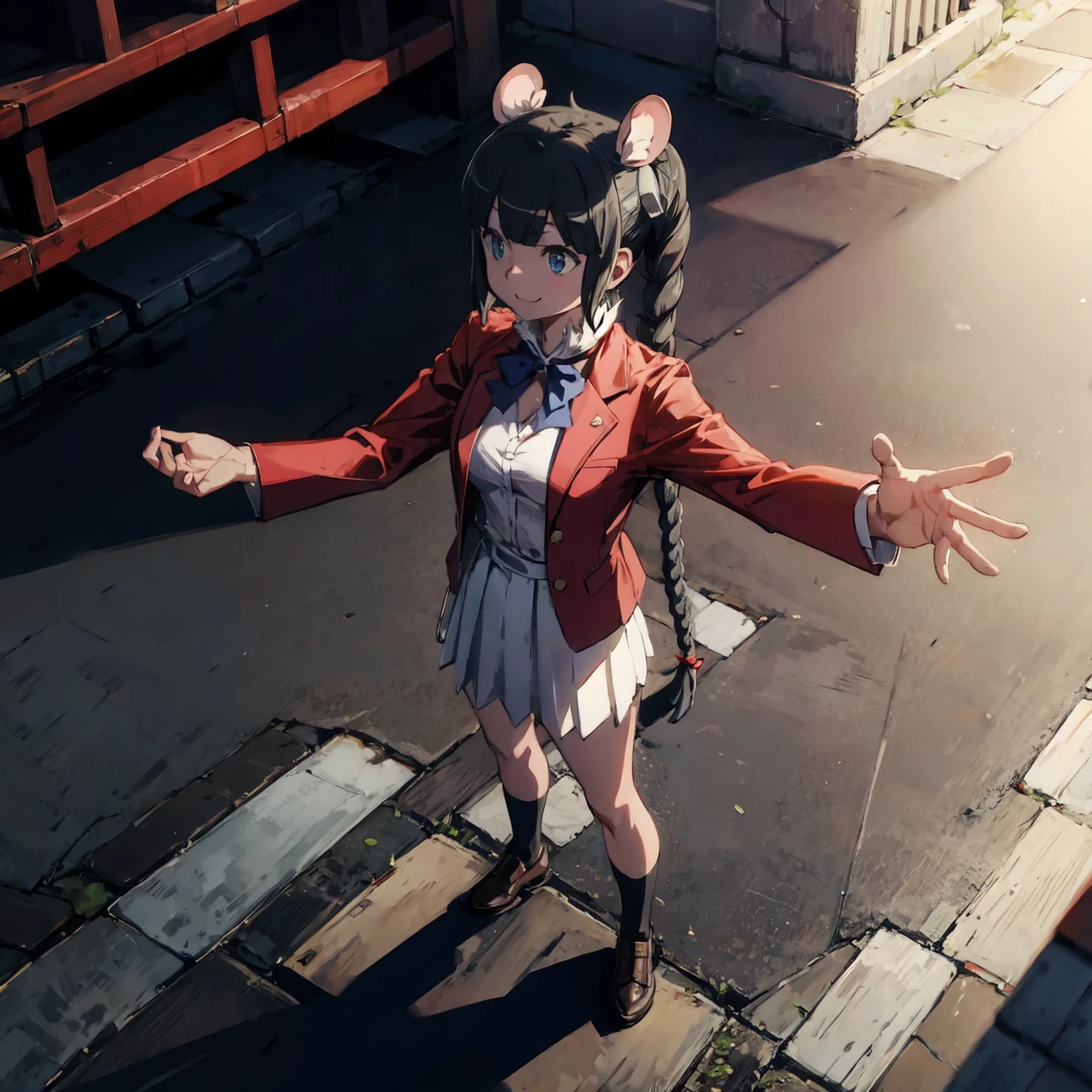 masterpiece, best quality, highres, ponytail hair, (single braid:1.2), hair ribbon, red jacket,buttoned blazer, blue bowtie, long sleeves, white skirt, standing ,t-pose,smile ,closed mouse face, from above,full body, at park
