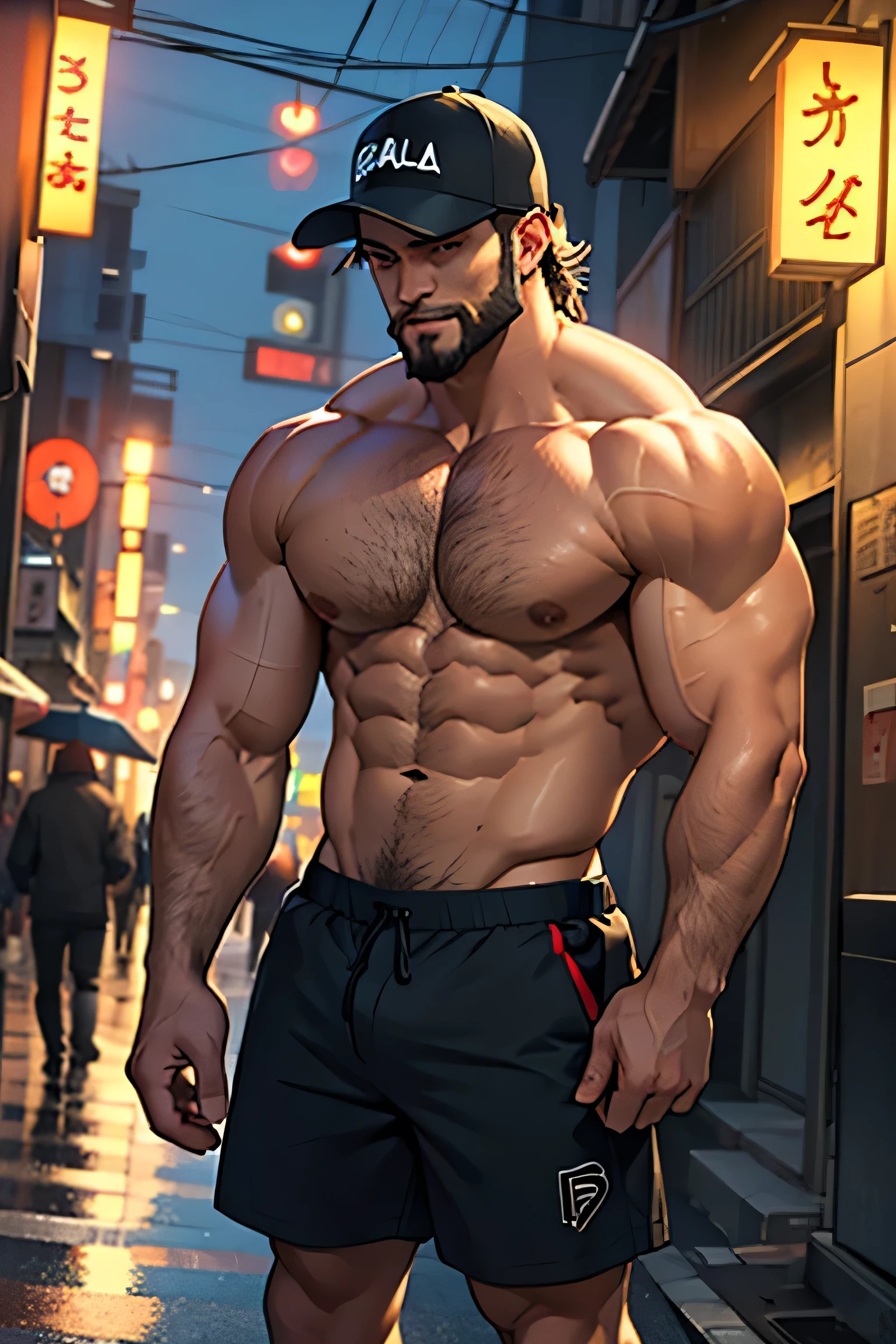 In the heart of Tokyo, under the soft glow of a lamp post during the quiet night, a man with short hair and a toned physique stands, showcasing his beard and baseball cap. His muscles flex as he removes his shirt, revealing a hairy body, forearms and shorts revealing muscular and hairy legsr (1.3). With his entire body appearing and a candid pose, he looks directly into the camera with a confident front view, captured in the best quality, high-resolution, ultra-detailed masterpiece.