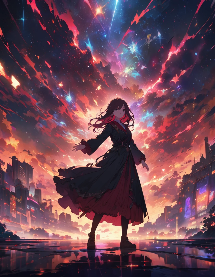 Anime girl in front of a dark red starry sky background in a full body pose in the anime style. Red neon lights and sparkling stars illuminate the night city sky in an anime composition. Fantasy scene with high resolution, high quality, high detail cinematic masterpiece in the style of a long shot with sharp focus and depth of field. --ar 3:4 --niji 6