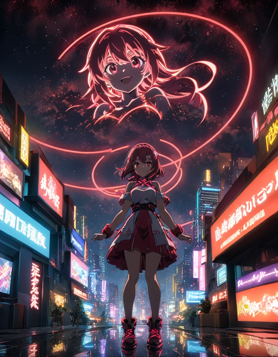 Anime girl in front of a dark red starry sky background in a full body pose in the anime style. Red neon lights and sparkling stars illuminate the night city sky in an anime composition. Fantasy scene with high resolution, high quality, high detail cinematic masterpiece in the style of a long shot with sharp focus and depth of field. --ar 3:4 --niji 6