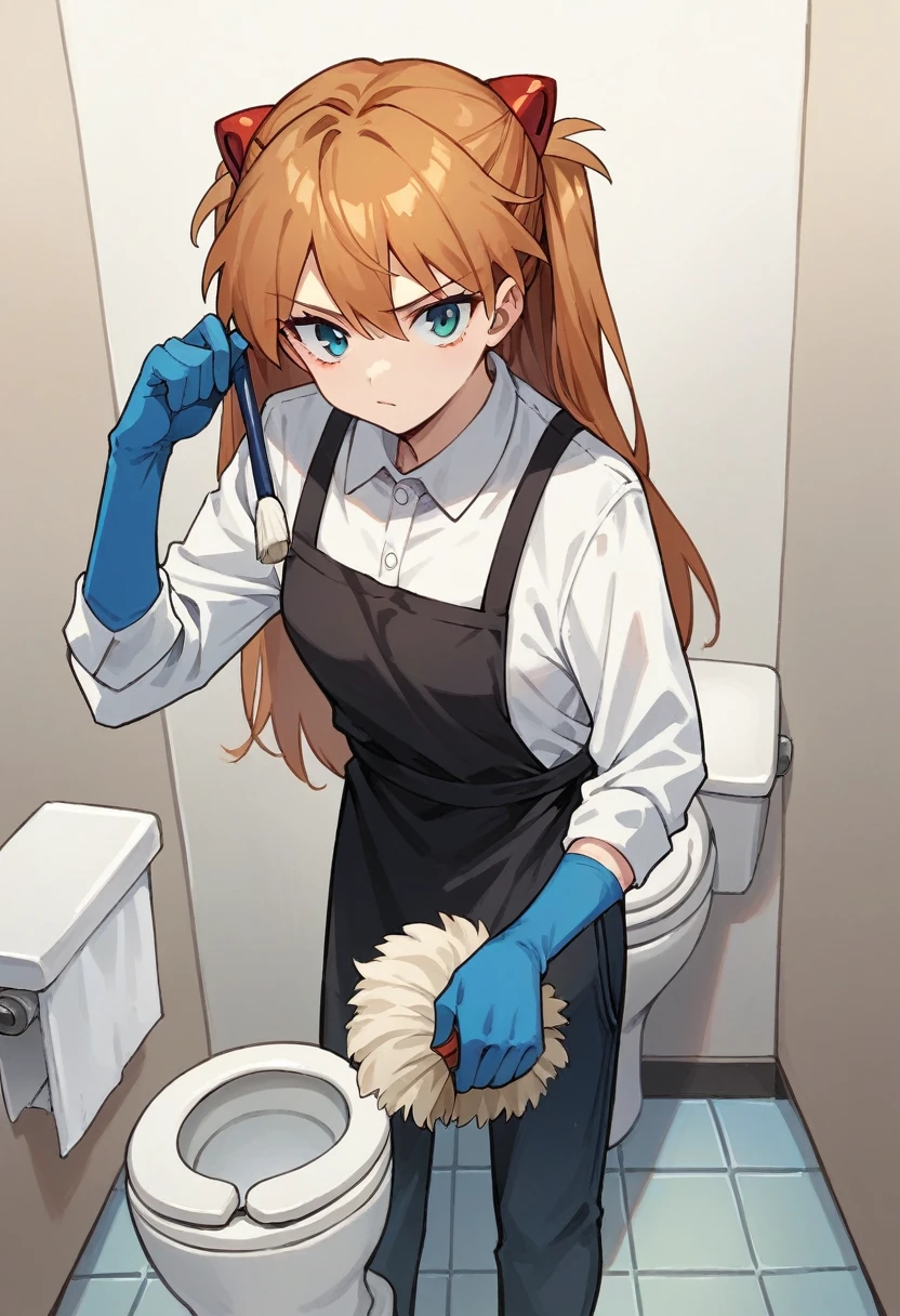 1girl, Souryuu Asuka Langley, ((blue half elbow gloves)), (white shirt), ((long sleeves)), (black apron), (pants), looking at viewer, standing, ((cleaning the toilet room)), solo