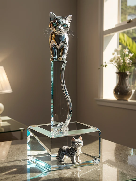Perfect Crystal Cat Sculpture of great beauty and delicacy, cat sculpture made of transparent glass, of a baby cat's vermillion filled with bioluminescent flowers, artistic dynamic colors, brights, luminous, insanely detailed beautiful crystallized gatol, meticulously detailed filigree tabby cat, 1 organic luminescent gato agrigrado gris, translucent cat sculpture, bright, sparkling, contrast and saturation, underwater particles, translucent glass tabby cat sculpture, magnificent magical fantasy artwork, ultra high quality, luminous gray cat, A hyper-realistic digital work of a delicate and transparent glass sculpture, Optical glass cat, photorealist,