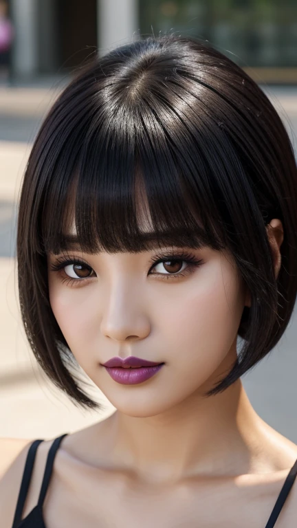 a close-up of a woman with , ela tem cabelo preto with bangs, hime black haircut, ulzzang, korean, with short hair with bangs, with short hair, dilraba dilmurat, garota korean cruel, hairstyle with bangs style, with bangs, korean symmetrical,,,,,,,,,,,,,, ultra-detailed portrait of lips with dark purple lipstick.The image is full HD with impressive clarity that captures every detail,from the soft lines of the lips to the subtle shine of the lipstick. the lighting accentuates the depth of the color,creating a dramatic and seductive effect,with a dark background to contrast and highlight the lips.