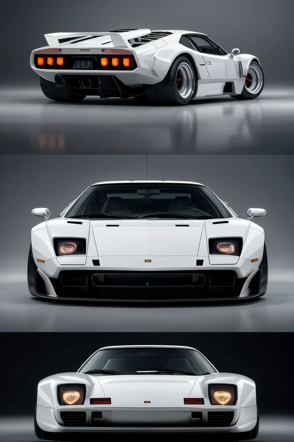 1. Draw a fusion of White Ferrari F-40 and White Lamborghini Countach in 3 frames:
   - Front view: The fusion of these two iconic supercars presents a mesmerizing sight in the first frame. The White Ferrari F-40's aggressive nose and sleek front end seamlessly blend with the Lamborghini Countach's distinctive scissor doors, creating a harmonious yet striking fusion. The headlights are reminiscent of the Countach, with the F-40's signature round taillights adding a modern twist.
   - Side view: From the side, the fusion continues to impress with its perfect blend of the F