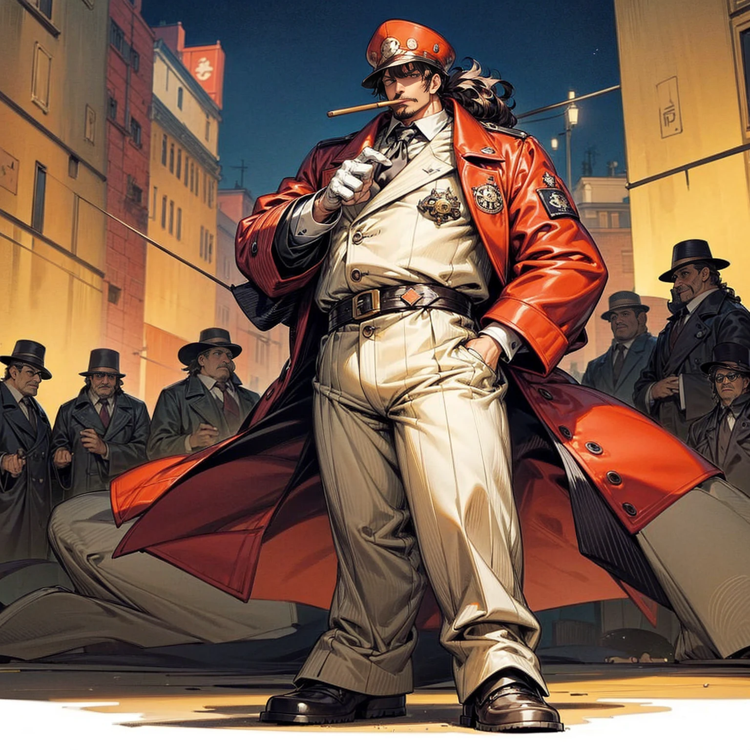 big men, western men, height tall 100 feet, cyborg, (left hand is robotic), very fat, sunglasses, bucket hat, Curly hair in ponytail, red half black color hair, Trench Coat white, Cigar in mouth, boots, full body version, solo character, bigger hand, city, evening, standing battle gesture, (one piece style art)