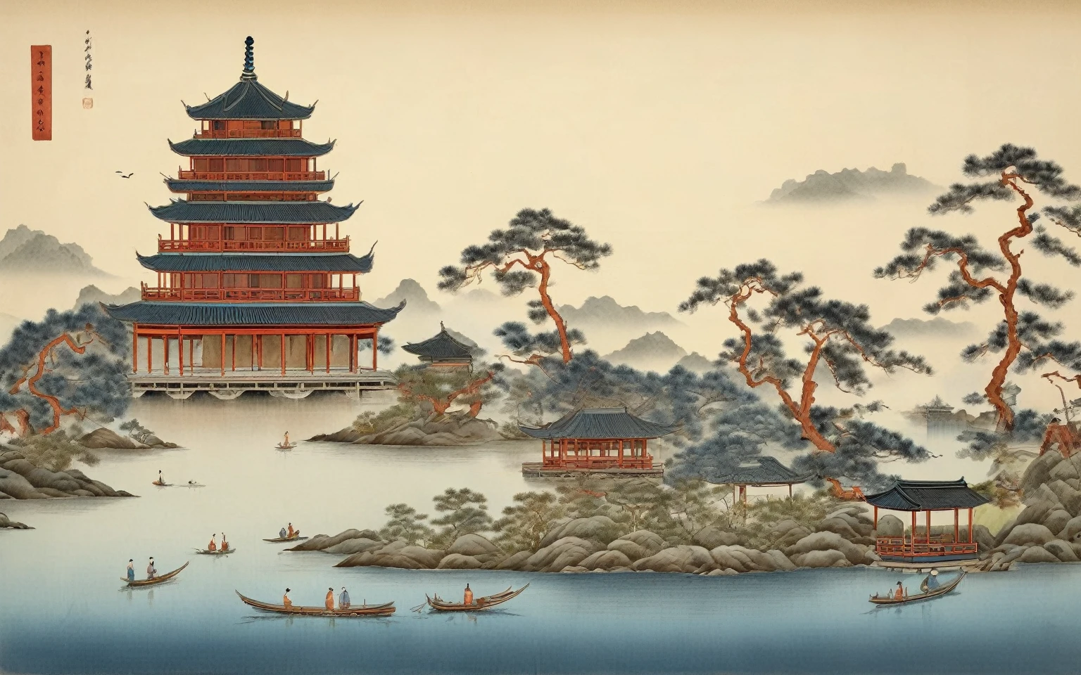 arafed image of a pagoda in Ha Noi Viet Nam, inspired by Koson Ohara, inspired by Utagawa Hiroshige II, inspired by Ohara Koson, japanese woodblock print style, japanese landscape, japanese inspired poster, inspired by Hiroshige, japanese art style, katsushika hokusai style