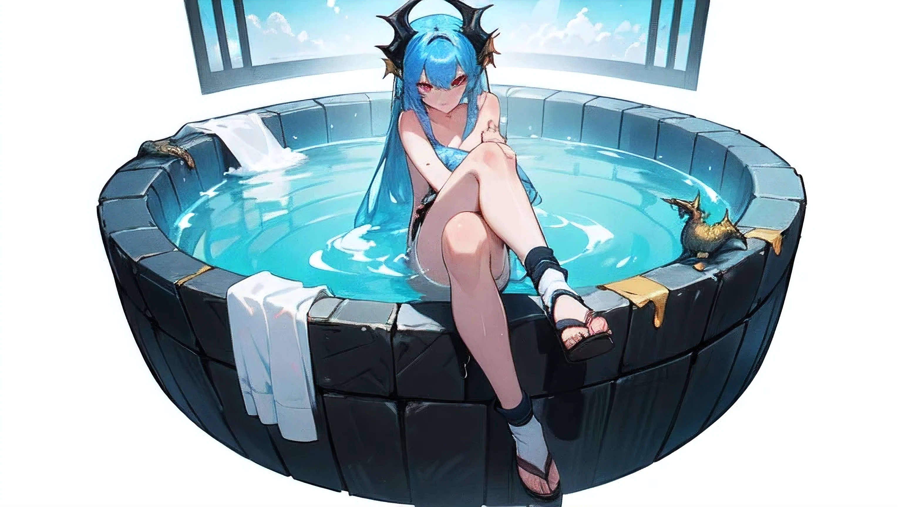 ((Highest quality)), ((masterpiece)), ((detailed)),((Browsing Caution)) pool　(Black dragon&#39;s veiny penis){{nsfw}}A dragon who loves having sex with girls　Sujiman　Groin　Tight fit　open leg

(Transparent　Swimwear) 　(Transparent knee-high socks) (Transparent bath towel)
Blue Hair,Red Eye,Long Hair　Black sandals
 (Hot and glowing skin) The heat and the damp sweat