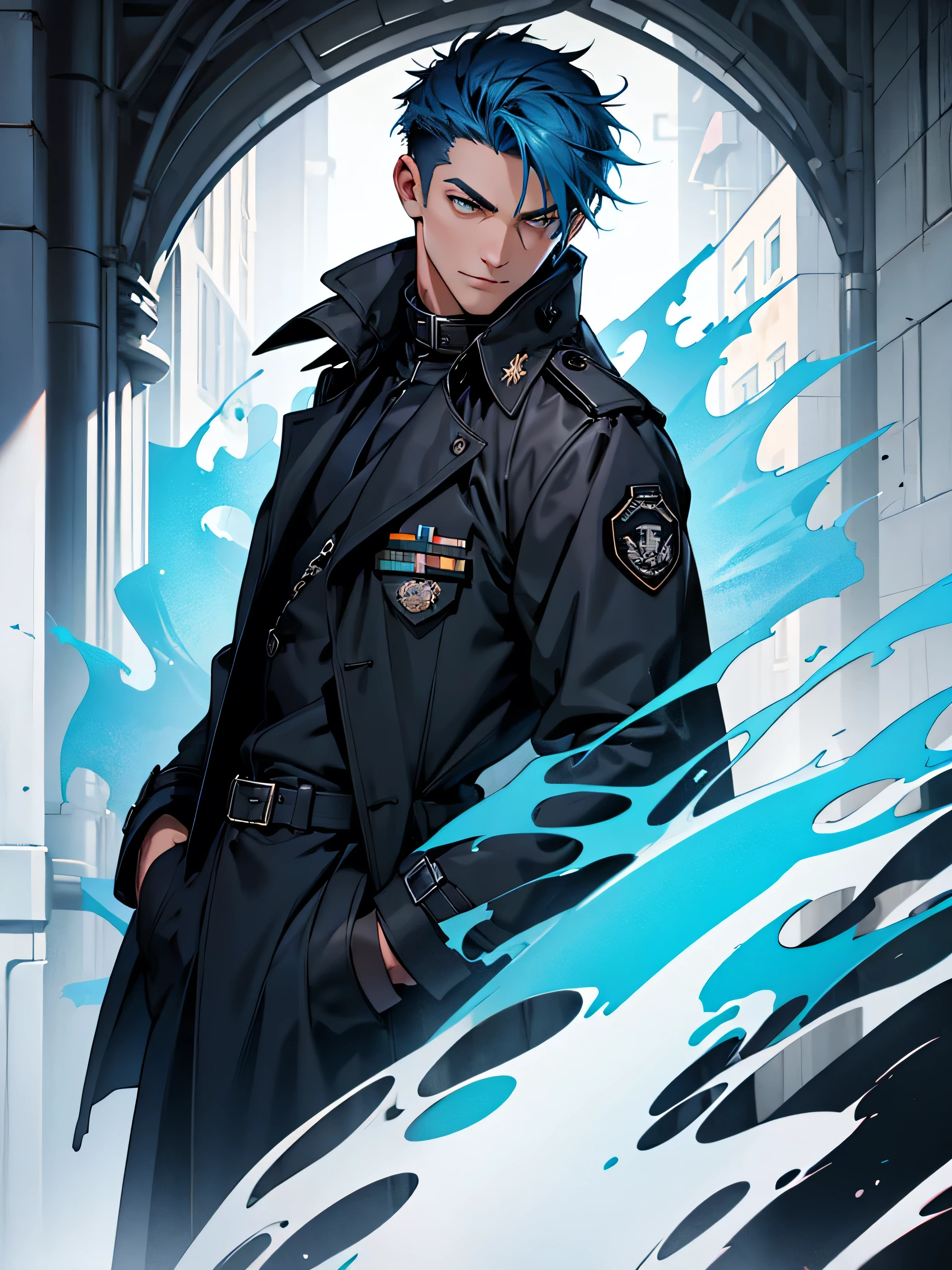 Illustrates a male person with blue hair and a black trench coat with military details