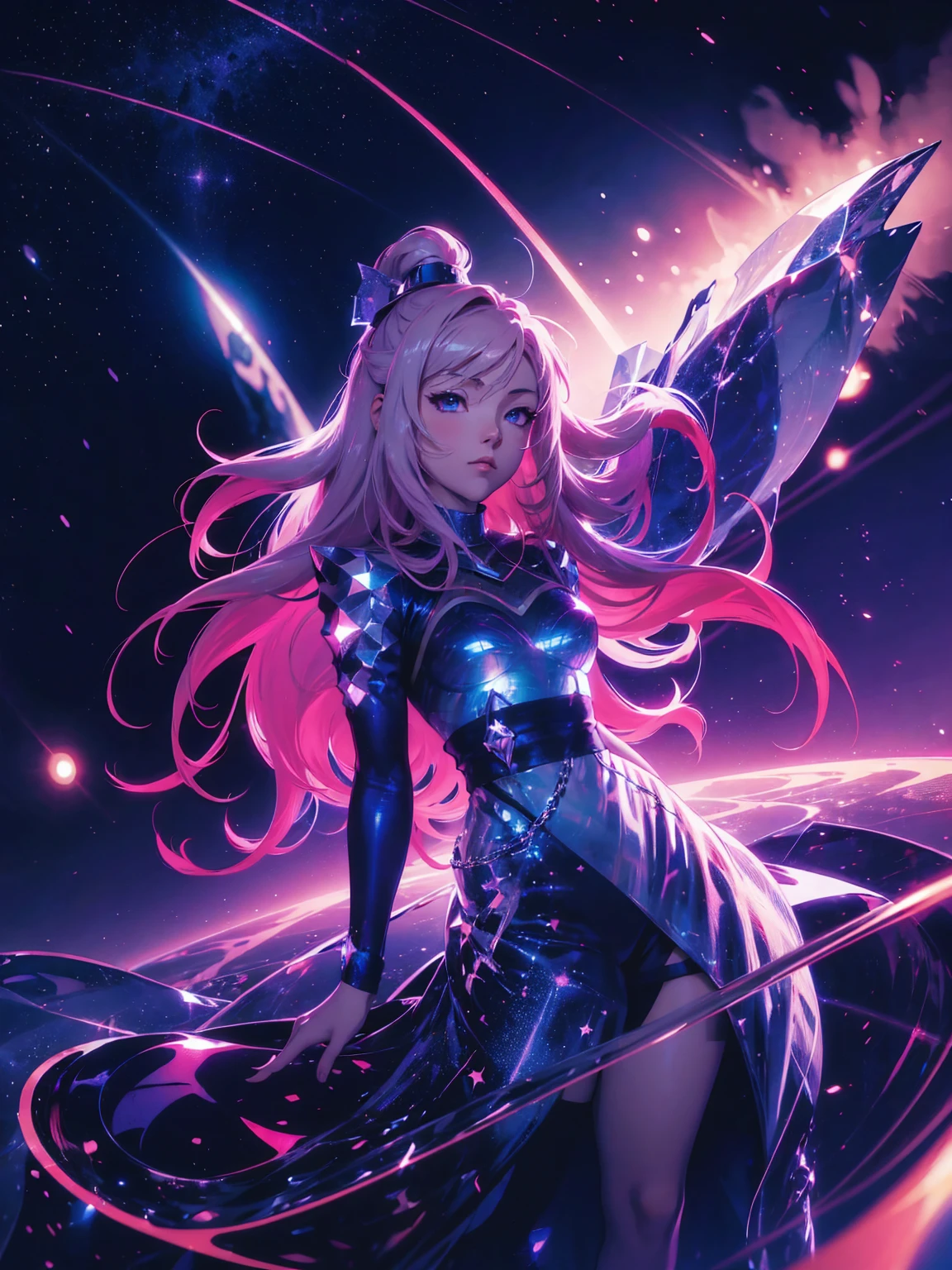 Anime girl in front of a dark red starry sky background in a full body pose in the anime style. Red neon lights and sparkling stars illuminate the night city sky in an anime composition. Fantasy scene with high resolution, high quality, high detail cinematic masterpiece in the style of a long shot with sharp focus and depth of field. --ar 3:4 --niji 6
