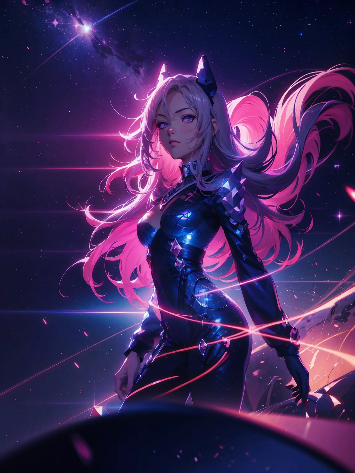 Anime girl in front of a dark red starry sky background in a full body pose in the anime style. Red neon lights and sparkling stars illuminate the night city sky in an anime composition. Fantasy scene with high resolution, high quality, high detail cinematic masterpiece in the style of a long shot with sharp focus and depth of field. --ar 3:4 --niji 6