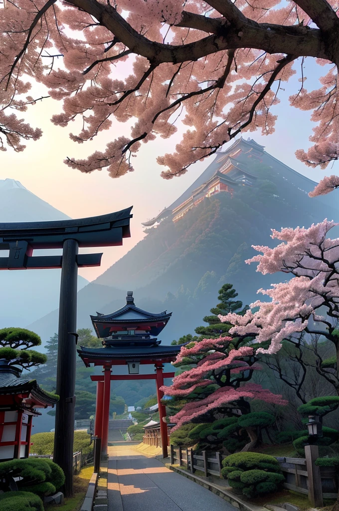 Arafad view of the Toritoli gate and the path leading to the mountain, Mount Japan中的鸟居, Japanese Landscape, Torii gate with trees on the mountain, Japanese Nature, lush Japanese Landscape, Mount Japan, Japanese temples, In-depth travel exploration in Japan, Japan travel美學, Japan travel與探險, Japanese Shrines, Japan travel , ((low angle shot 1.7)) ((Camera lens close to the ground to shoot 1.8))