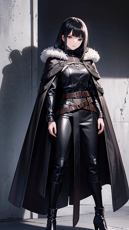 Detailed creation of a character with medieval aesthetics, very loose leather and animal skin clothes to protect from the cold. Concept art anime. A 20-year-old girl/woman, very white skin, intense green eyes, arched eyebrows, short black hair, neck length, bangs above the eyebrow, and side strands a little longer than the rest of the hair. She wears a voluminous black leather coat with silver details, shoulder length, the coat has a layer of fuzzy fur, to warm the neck and to protect from the cold, it is also complemented by a long cape. Medieval vests for the bitter winter. The outfit is decorated with rich silver pieces and buttons, with a belt running from the shoulder to the waist, to hold the cape. He also wears loose-fitting black linen pants and black leather boots with iron toes.